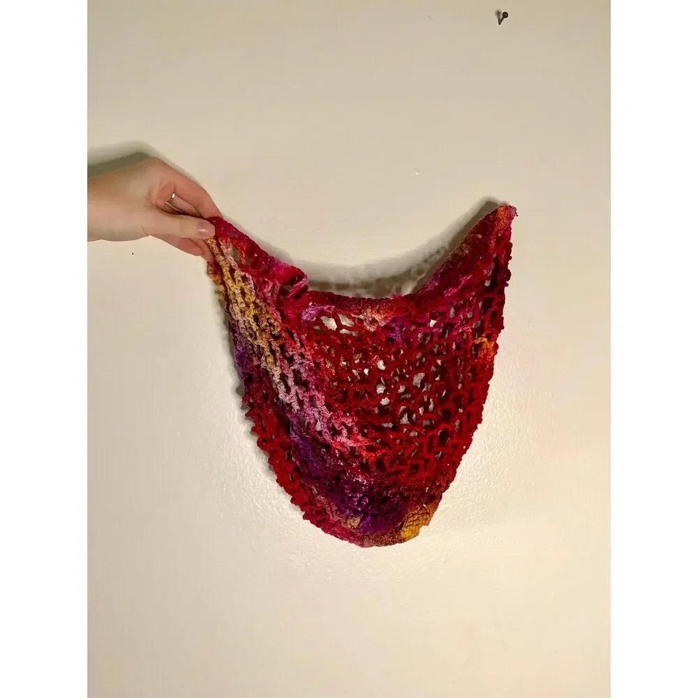 Vintage Crochet Drawstring Bag Hand Dyed Red Orange Purple Boho Mesh Fruit Sack